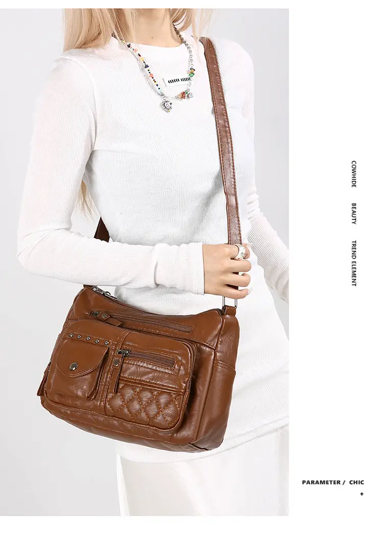 Women's Brown Quilted Leather Shoulder Bag with 5 Compartments — feature 46