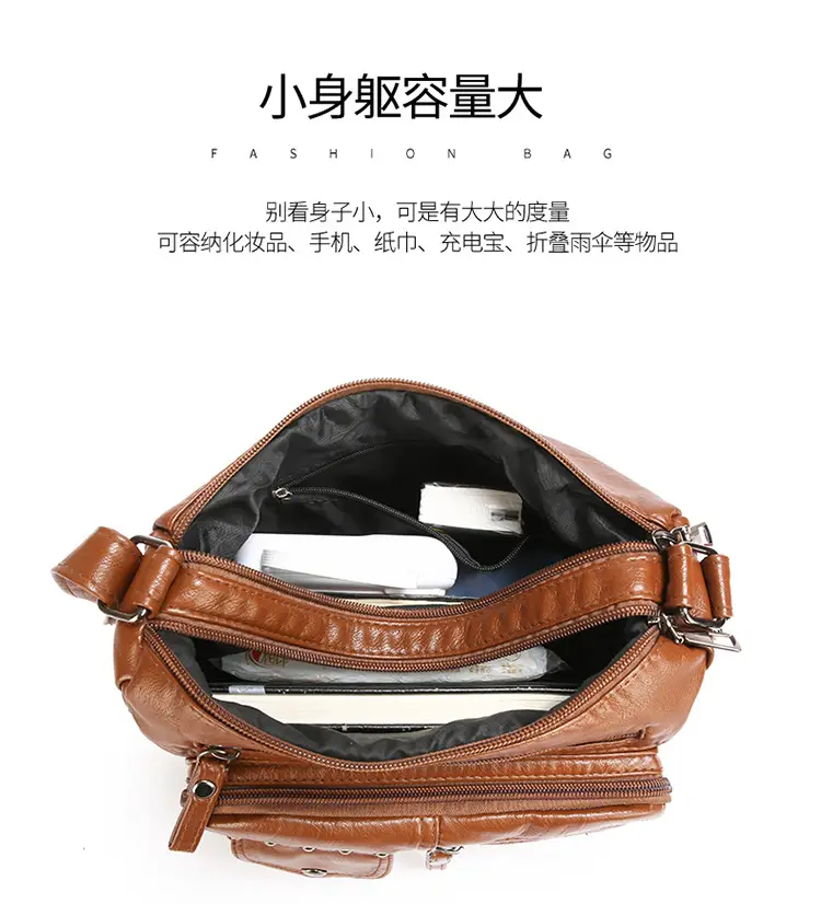 Women's Brown Quilted Leather Shoulder Bag with 5 Compartments — feature 9