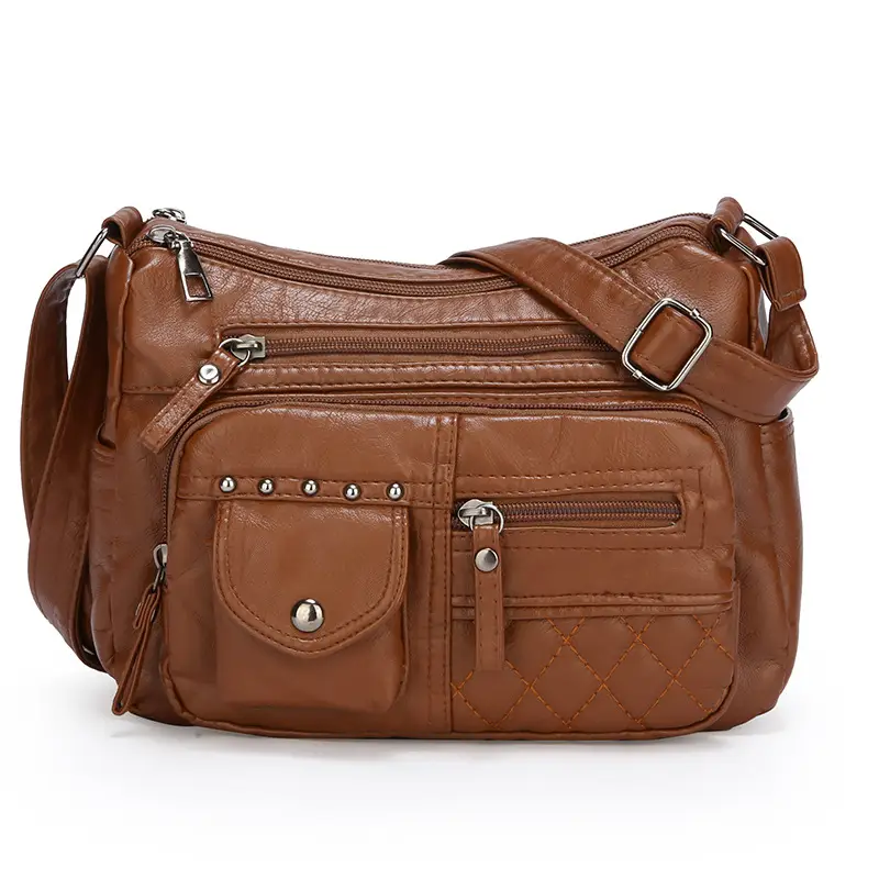 Women's Brown Quilted Leather Shoulder Bag with 5 Compartments - Image 2