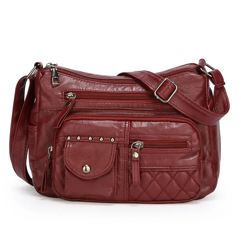 Women's Brown Quilted Leather Shoulder Bag with 5 Compartments - Image 3