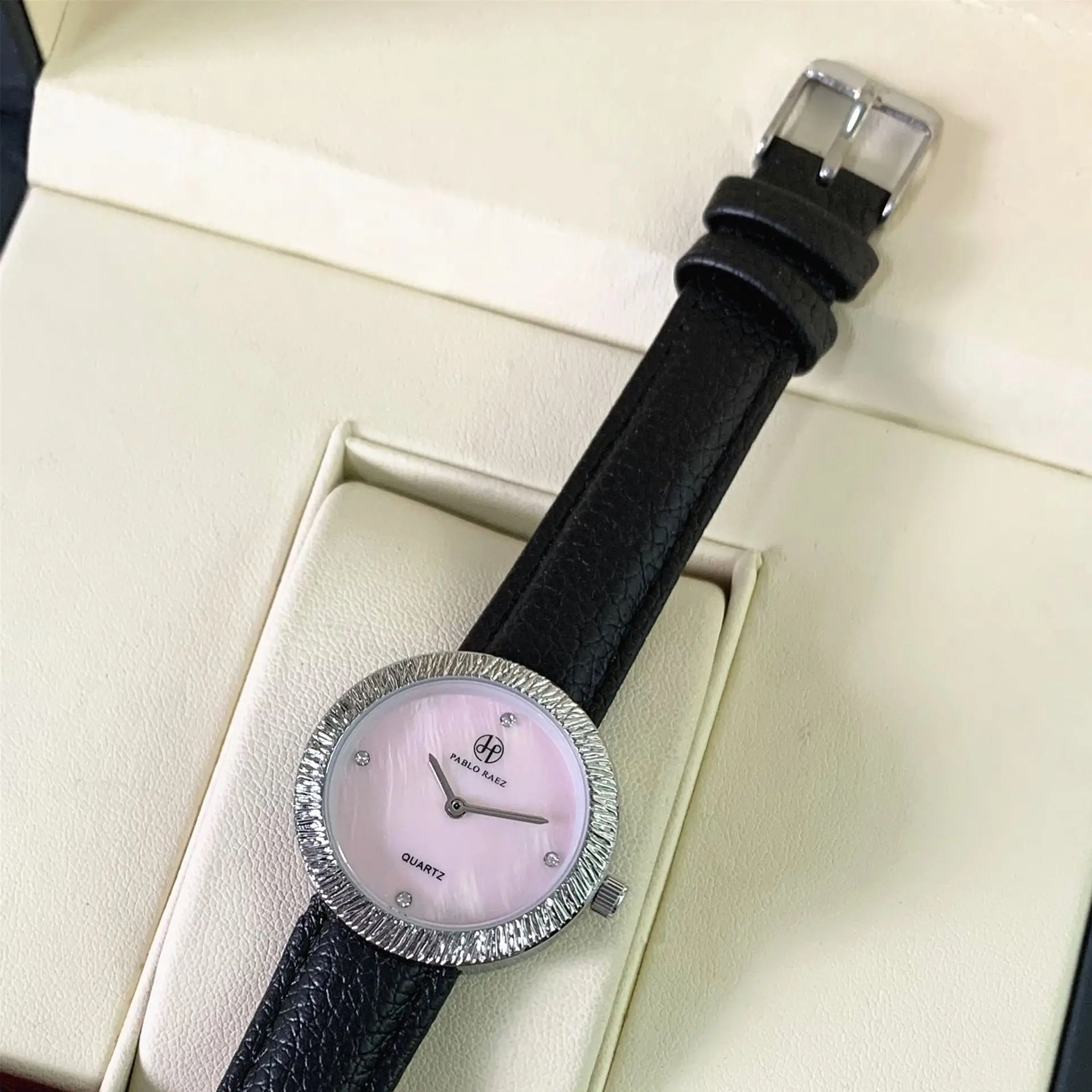 Women's Light Purple Crystal Watch with Black Belt - Image 2