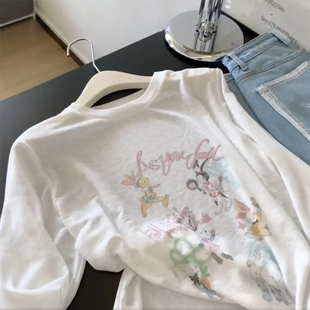 White Thin Slightly See-Through Printed Long-Sleeved Sun Protection Blouse T-Shirt Women's Popular Summer Beautiful Top Export Wholesale