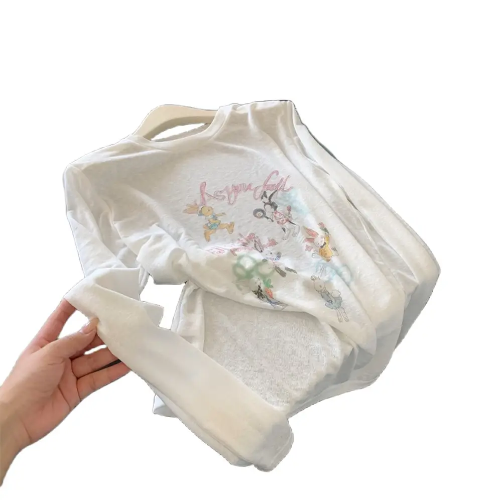 White Thin Slightly See-Through Printed Long-Sleeved Sun Protection Blouse T-Shirt Women's Popular Summer Beautiful Top Export Wholesale
