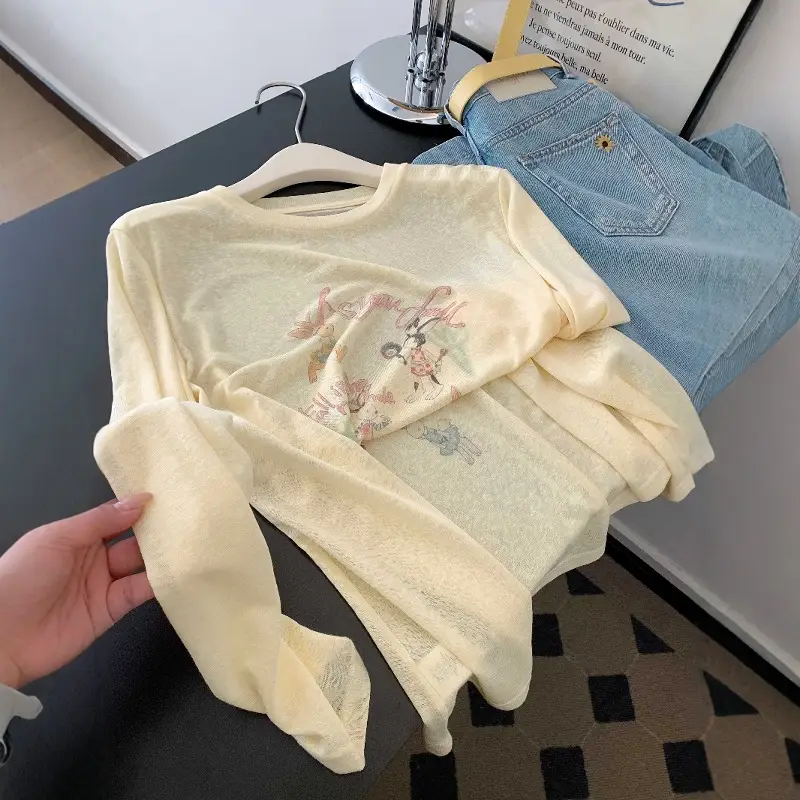 White Thin Slightly See-Through Printed Long-Sleeved Sun Protection Blouse T-Shirt Women's Popular Summer Beautiful Top Export Wholesale — feature 34