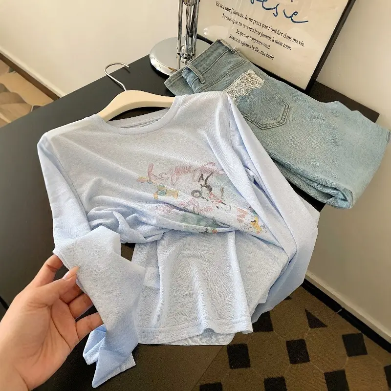 White Thin Slightly See-Through Printed Long-Sleeved Sun Protection Blouse T-Shirt Women's Popular Summer Beautiful Top Export Wholesale — feature 36