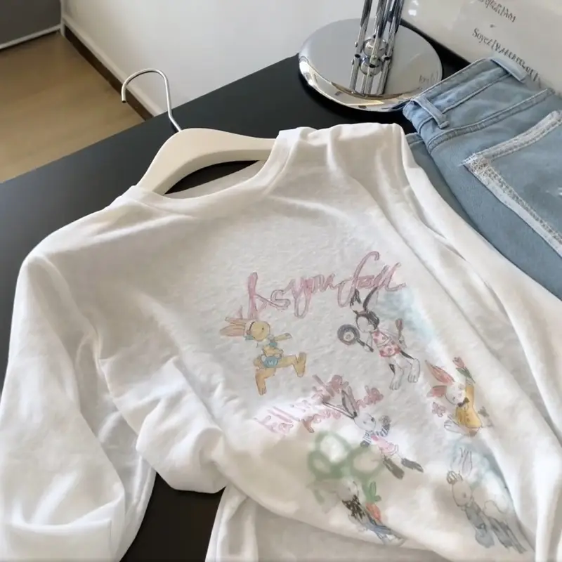 White Thin Slightly See-Through Printed Long-Sleeved Sun Protection Blouse T-Shirt Women's Popular Summer Beautiful Top Export Wholesale — feature 37