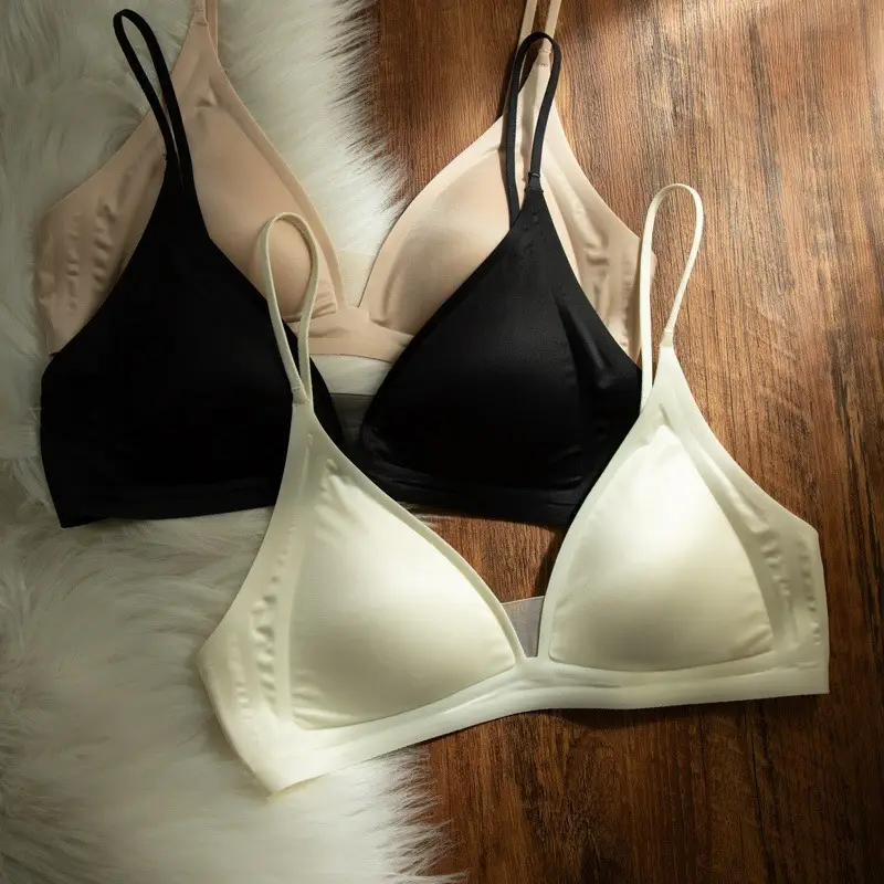 Kbra Milk Satin French Deep V Neck Intimates Women's Summer Spaghetti Straps Seamless Triangle Cup Small Breast No Wire Bra Thin
