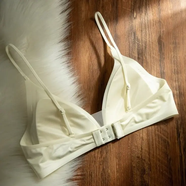 Kbra Milk Satin French Deep V Neck Intimates Women's Summer Spaghetti Straps Seamless Triangle Cup Small Breast No Wire Bra Thin