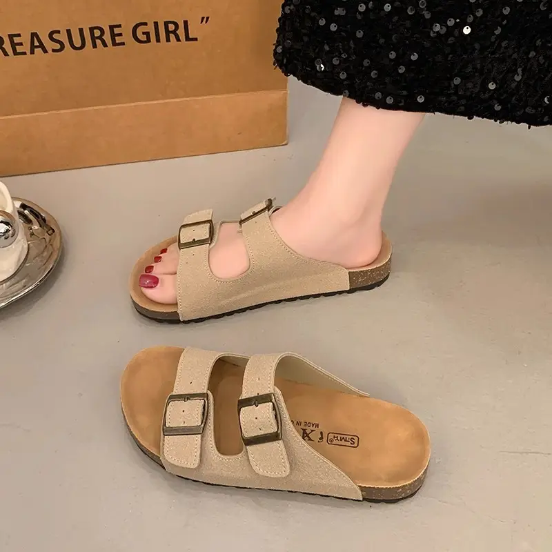 Women Summer Sandals Birkenstock Beige Thick Soled Lazy Slippers - Image 7