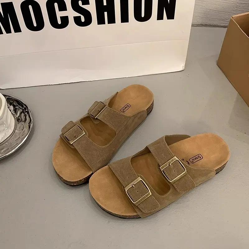 Women Summer Sandals Birkenstock Beige Thick Soled Lazy Slippers - Image 9