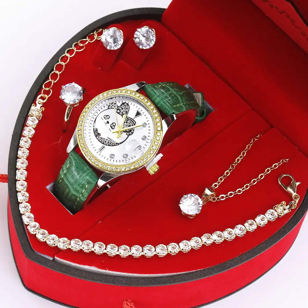 Women's Quartz Watch with Green Strap & Diamond Accessories - Image 14