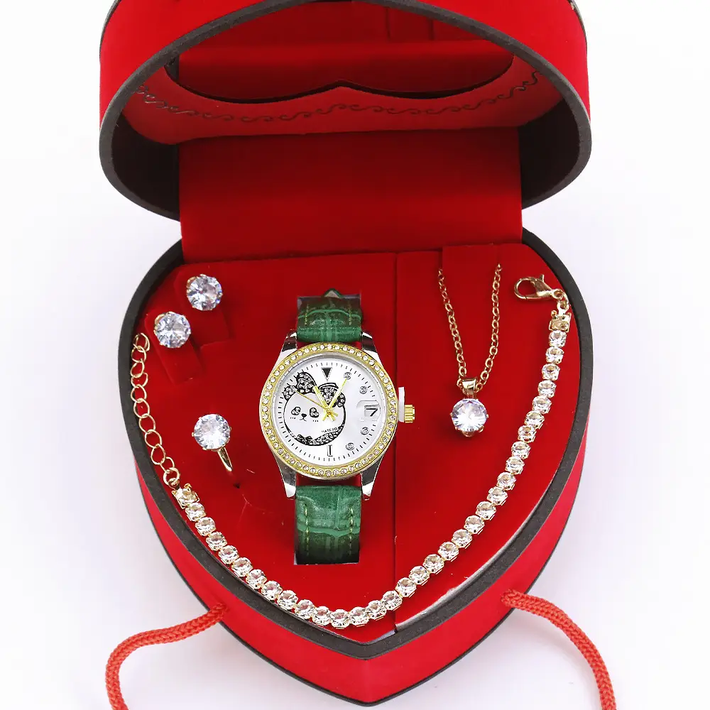 Women's Quartz Watch with Green Strap & Diamond Accessories - Image 2