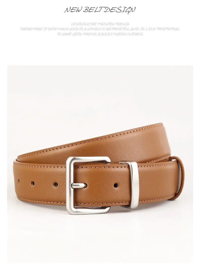 Women Cowhide Leather Belt with Silver Buckle Brown — feature 25