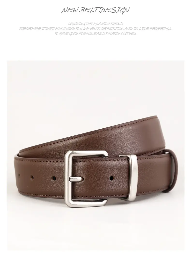 Women Cowhide Leather Belt with Silver Buckle Brown — feature 26