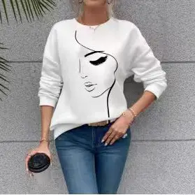 White Round Neck Printed Long Sleeve Top for Women - Image 2