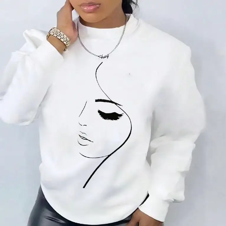 White Round Neck Printed Long Sleeve Top for Women - Image 4