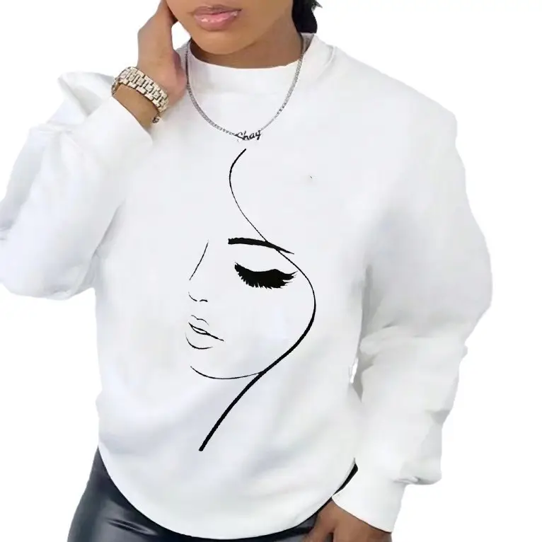 White Round Neck Printed Long Sleeve Top for Women - Image 5