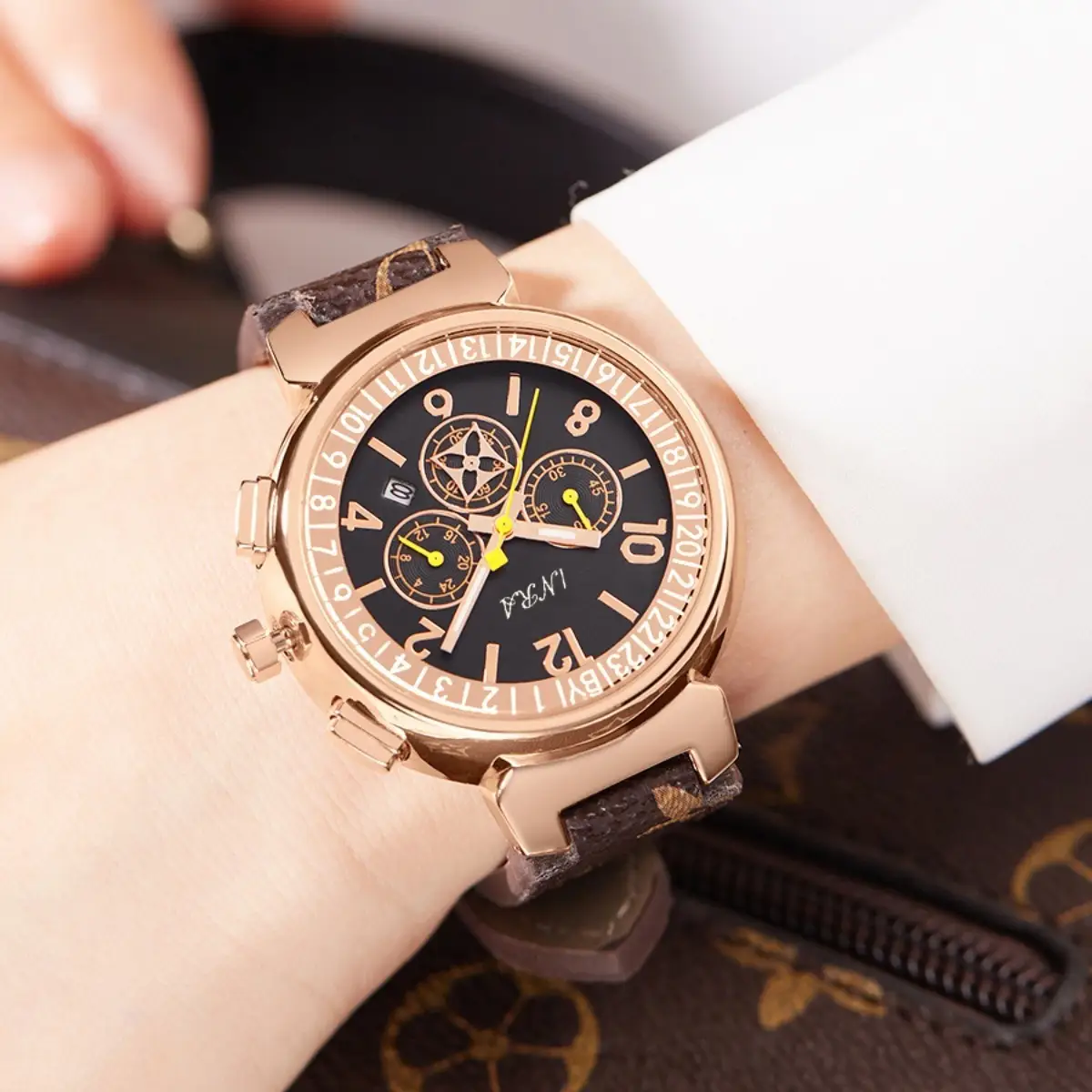 Women's Rose Gold Chronograph Watch with Printed Strap - Image 2
