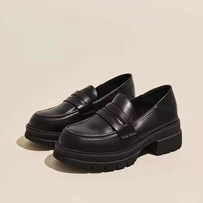 Elegant Sister Height-Increasing Uniform Shoes Women's Office Thick-Heeled Platform Loafers British Style Retro Soft Leather Flats — feature 6