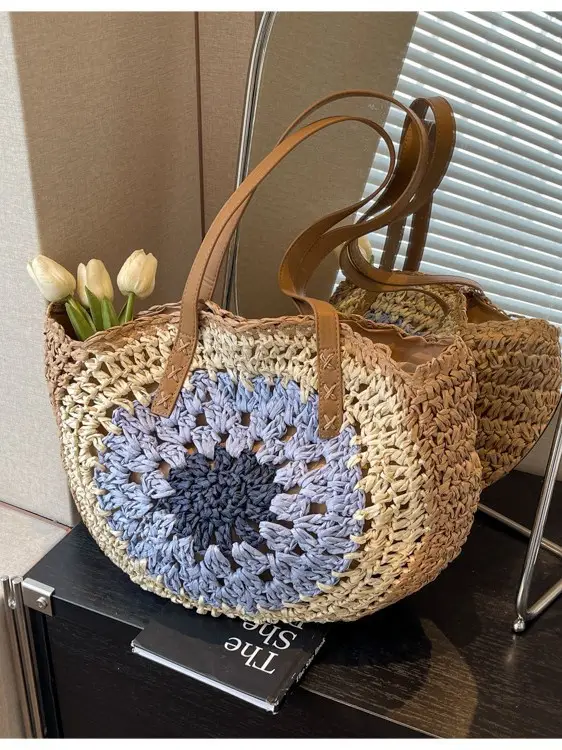 Cross-Border Straw Bag with Floral Cut Out One Shoulder