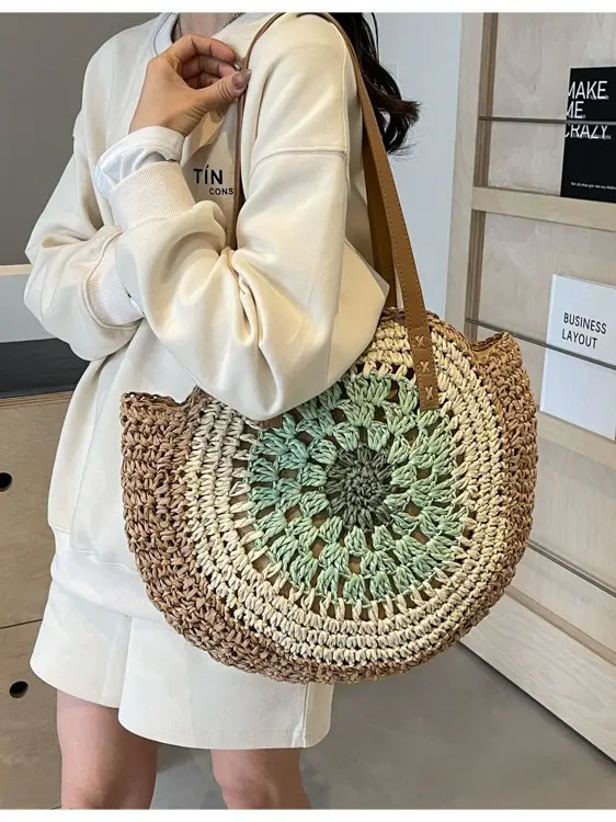 Cross-Border Straw Bag with Floral Cut Out One Shoulder