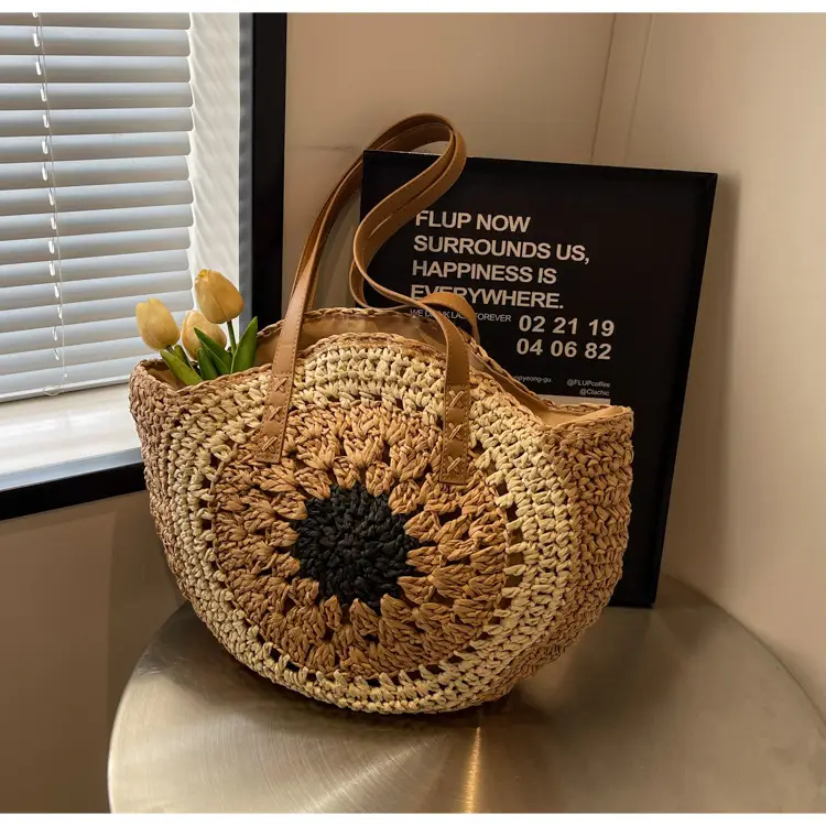 Cross-Border Straw Bag with Floral Cut Out One Shoulder — feature 32