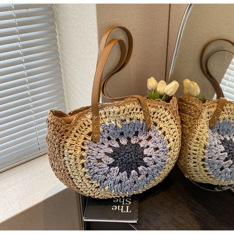 Cross-Border Straw Bag with Floral Cut Out One Shoulder