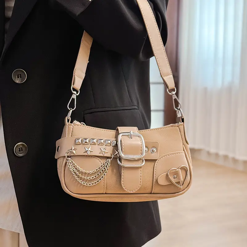 Black Leather Chain Shoulder Bag with Buckle & Chain Strap - Image 6