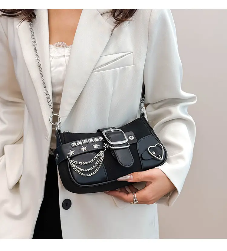 Black Leather Chain Shoulder Bag with Buckle & Chain Strap — feature 11