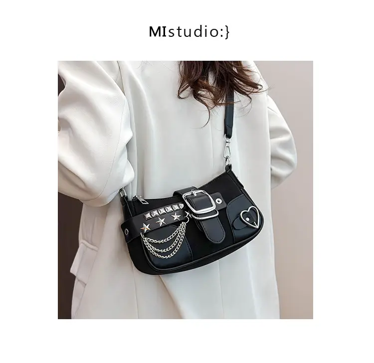 Black Leather Chain Shoulder Bag with Buckle & Chain Strap — feature 12