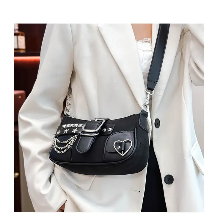 Black Leather Chain Shoulder Bag with Buckle & Chain Strap — feature 13