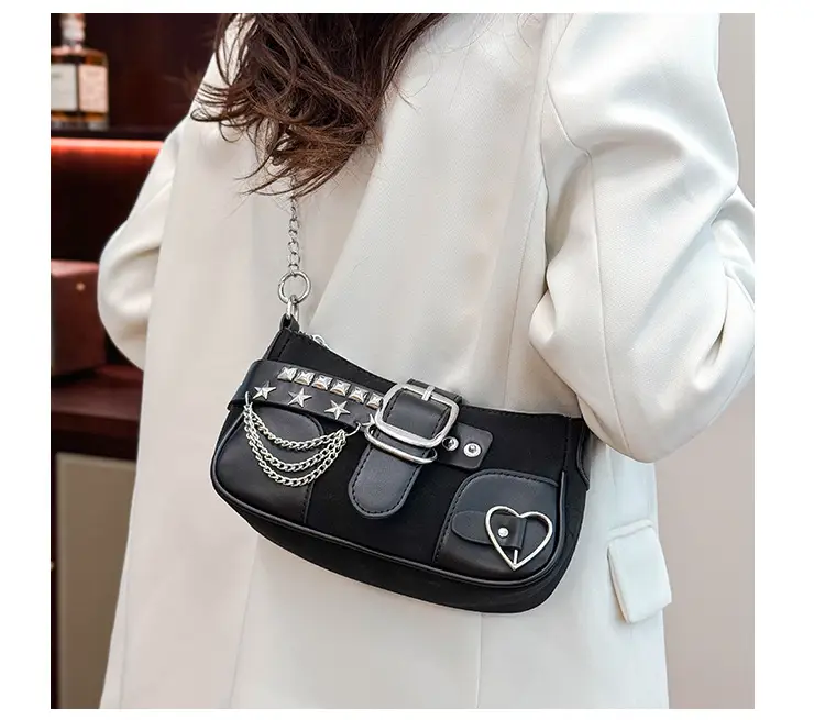 Black Leather Chain Shoulder Bag with Buckle & Chain Strap — feature 14