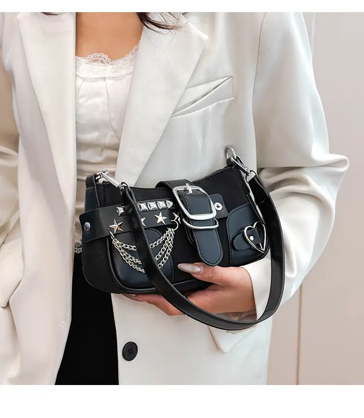 Black Leather Chain Shoulder Bag with Buckle & Chain Strap — feature 16
