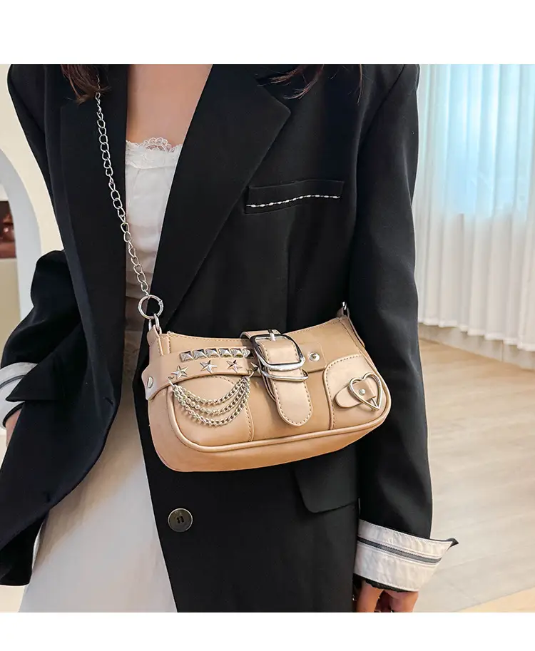 Black Leather Chain Shoulder Bag with Buckle & Chain Strap — feature 17