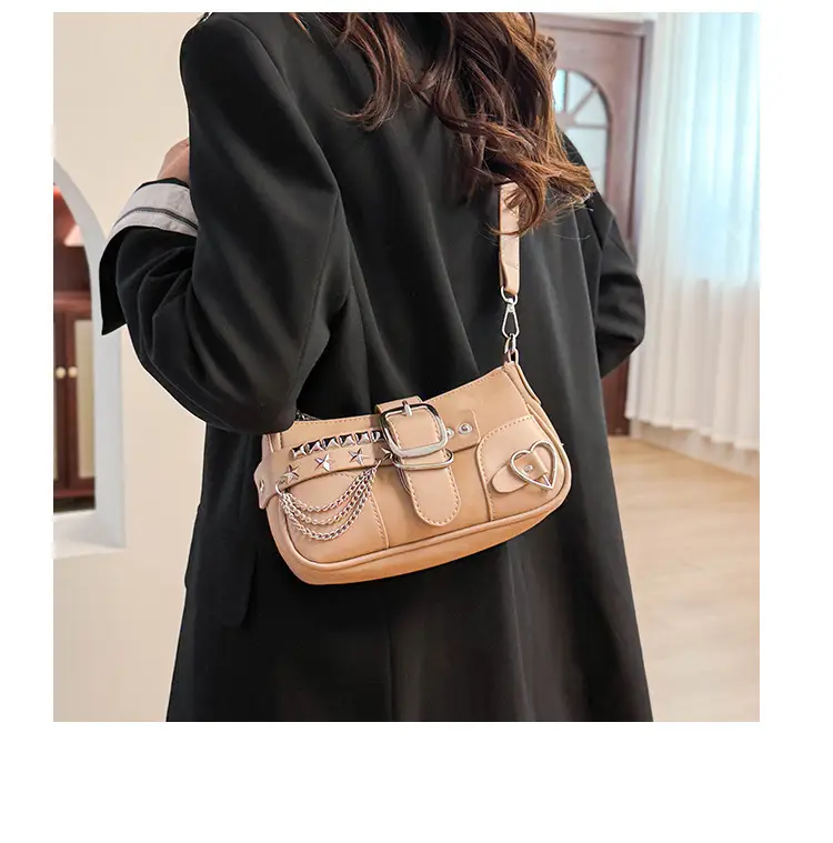 Black Leather Chain Shoulder Bag with Buckle & Chain Strap — feature 18