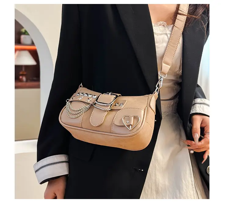 Black Leather Chain Shoulder Bag with Buckle & Chain Strap — feature 19