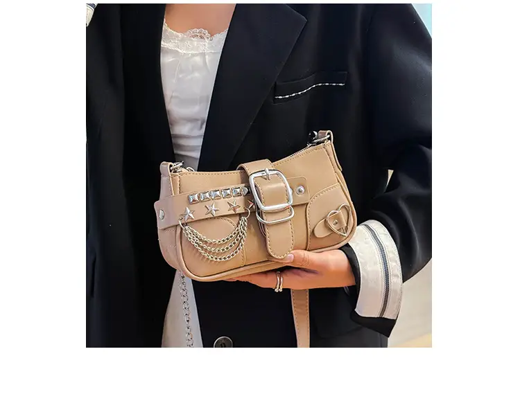 Black Leather Chain Shoulder Bag with Buckle & Chain Strap — feature 20