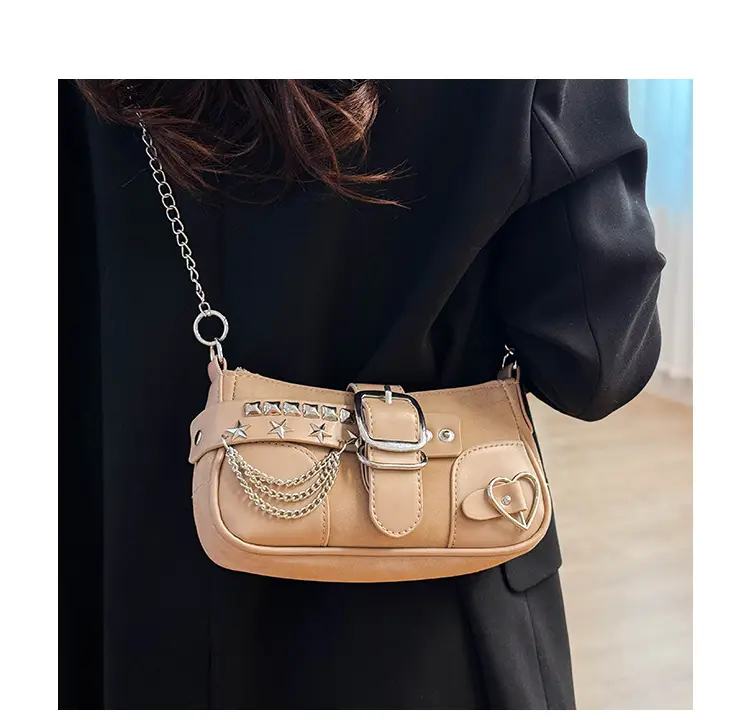 Black Leather Chain Shoulder Bag with Buckle & Chain Strap — feature 21