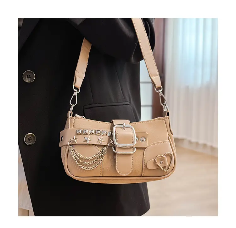 Black Leather Chain Shoulder Bag with Buckle & Chain Strap — feature 22