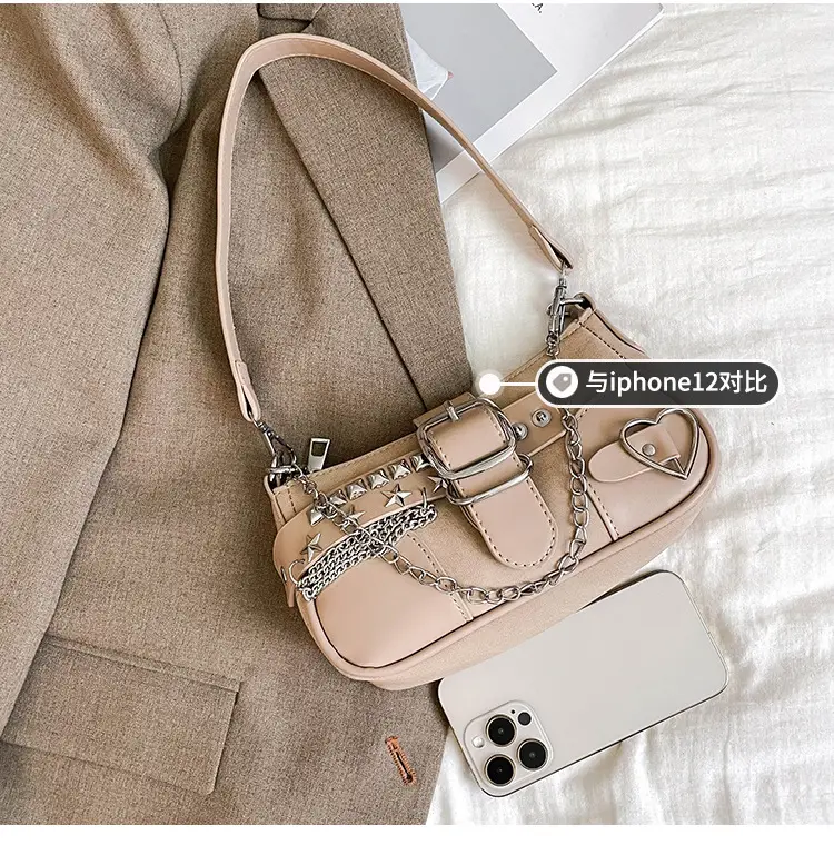 Black Leather Chain Shoulder Bag with Buckle & Chain Strap — feature 6