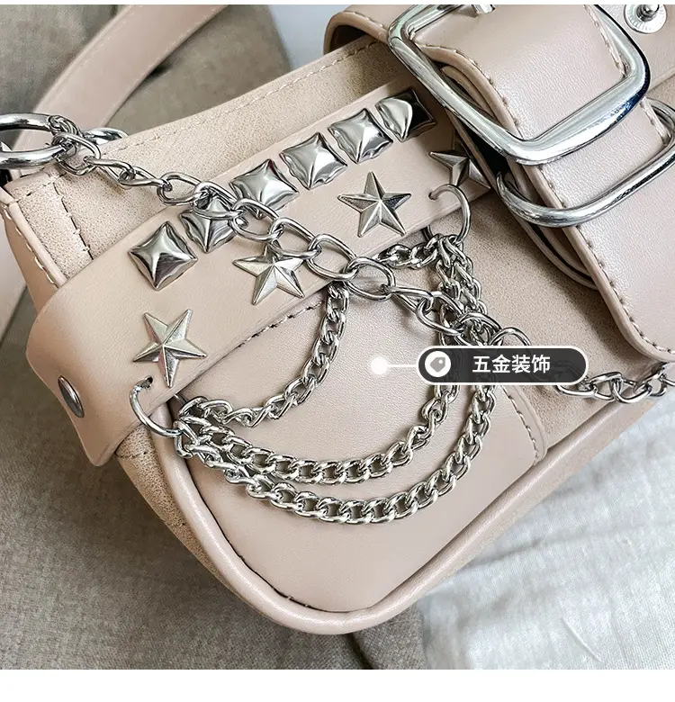 Black Leather Chain Shoulder Bag with Buckle & Chain Strap — feature 8