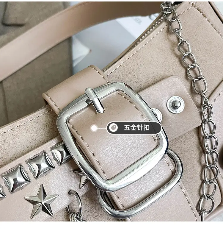Black Leather Chain Shoulder Bag with Buckle & Chain Strap — feature 9
