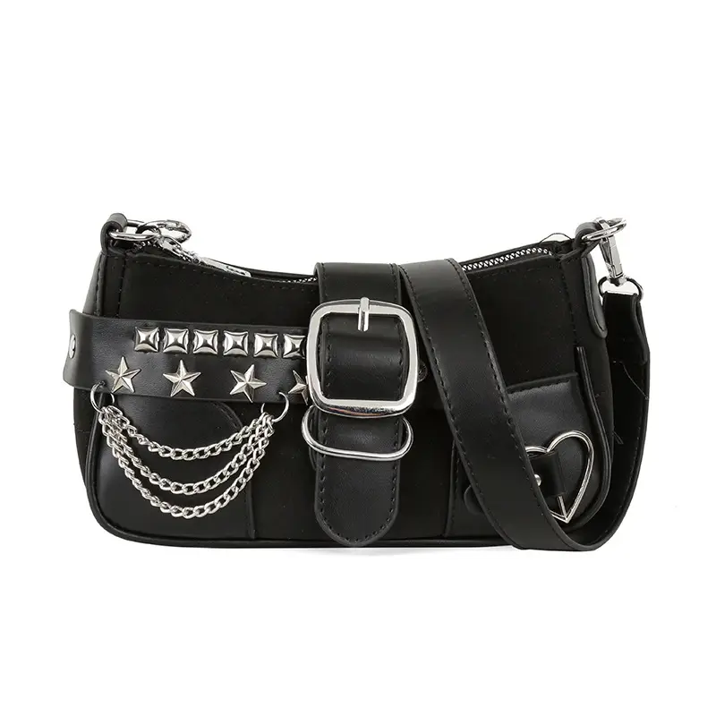 Black Leather Chain Shoulder Bag with Buckle & Chain Strap - Image 2