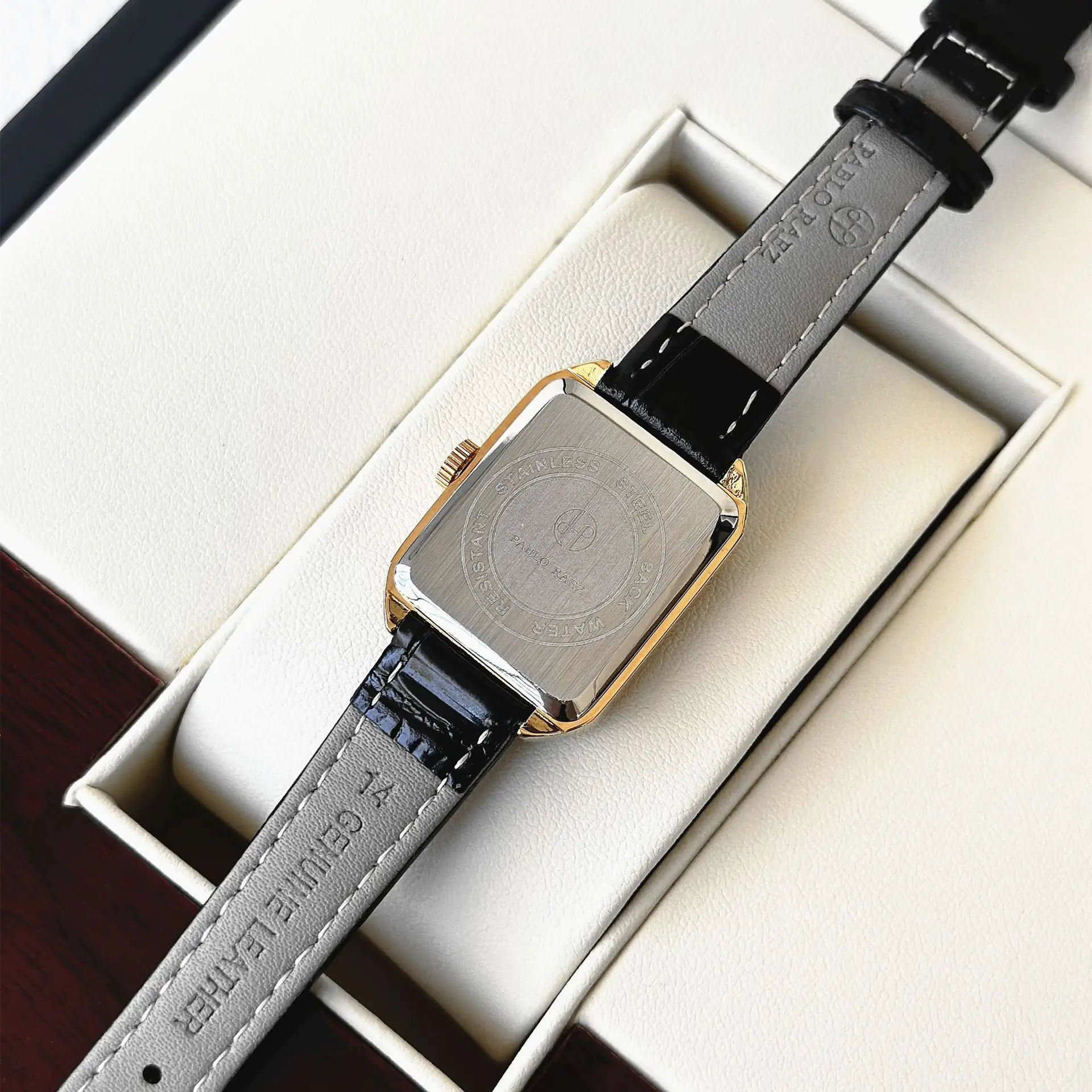 Women's Square Gold Watch Black Leather Belt - Image 6