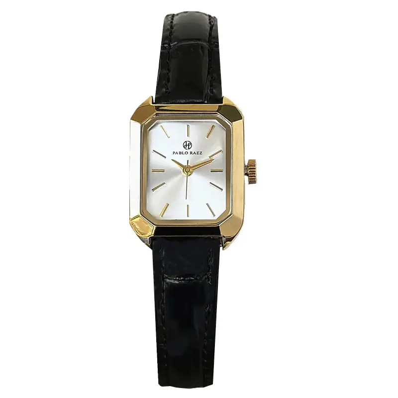 Women's Square Gold Watch Black Leather Belt - Image 9