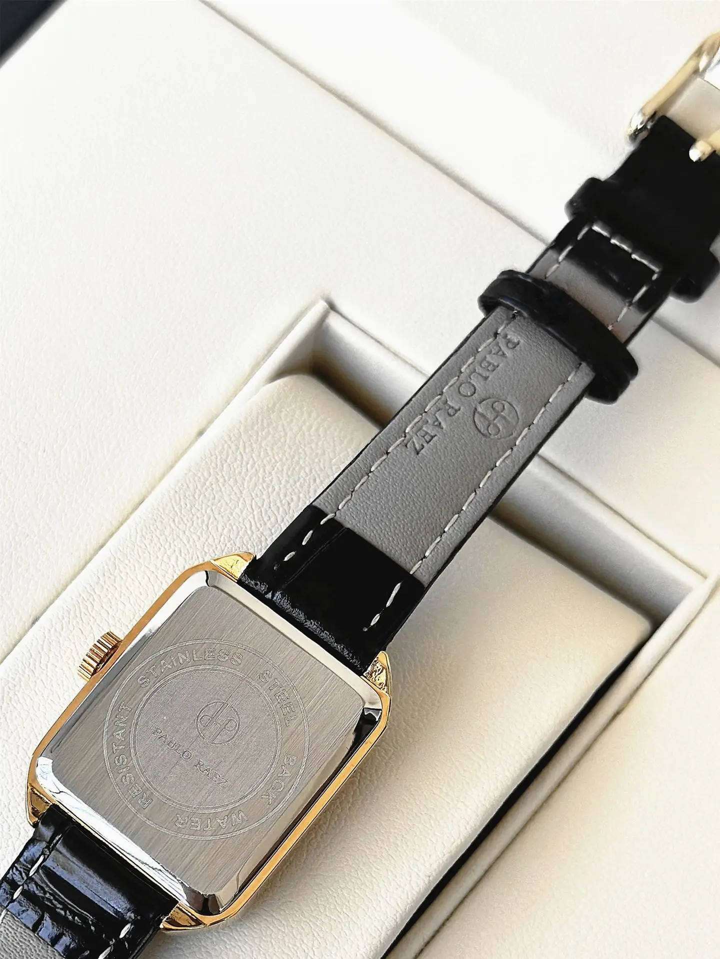 Women's Square Gold Watch Black Leather Belt — feature 11