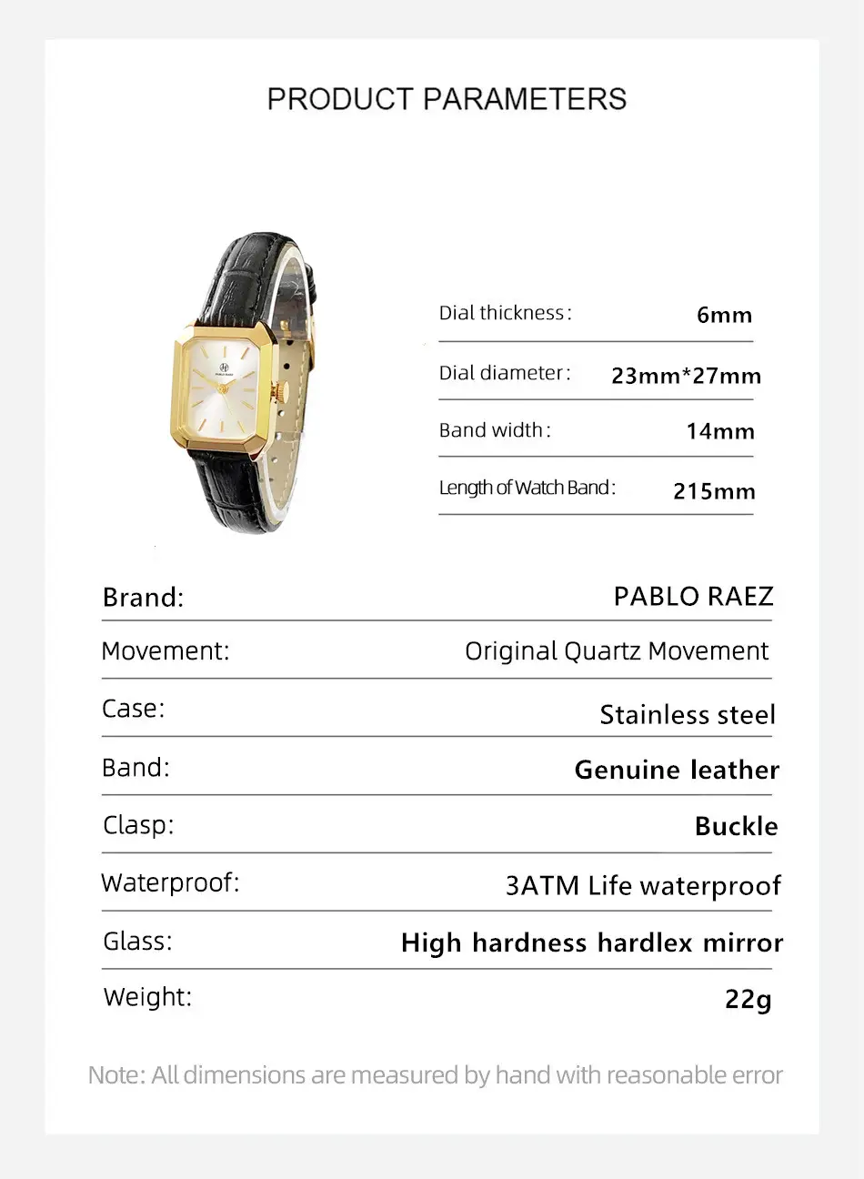 Women's Square Gold Watch Black Leather Belt — feature 26