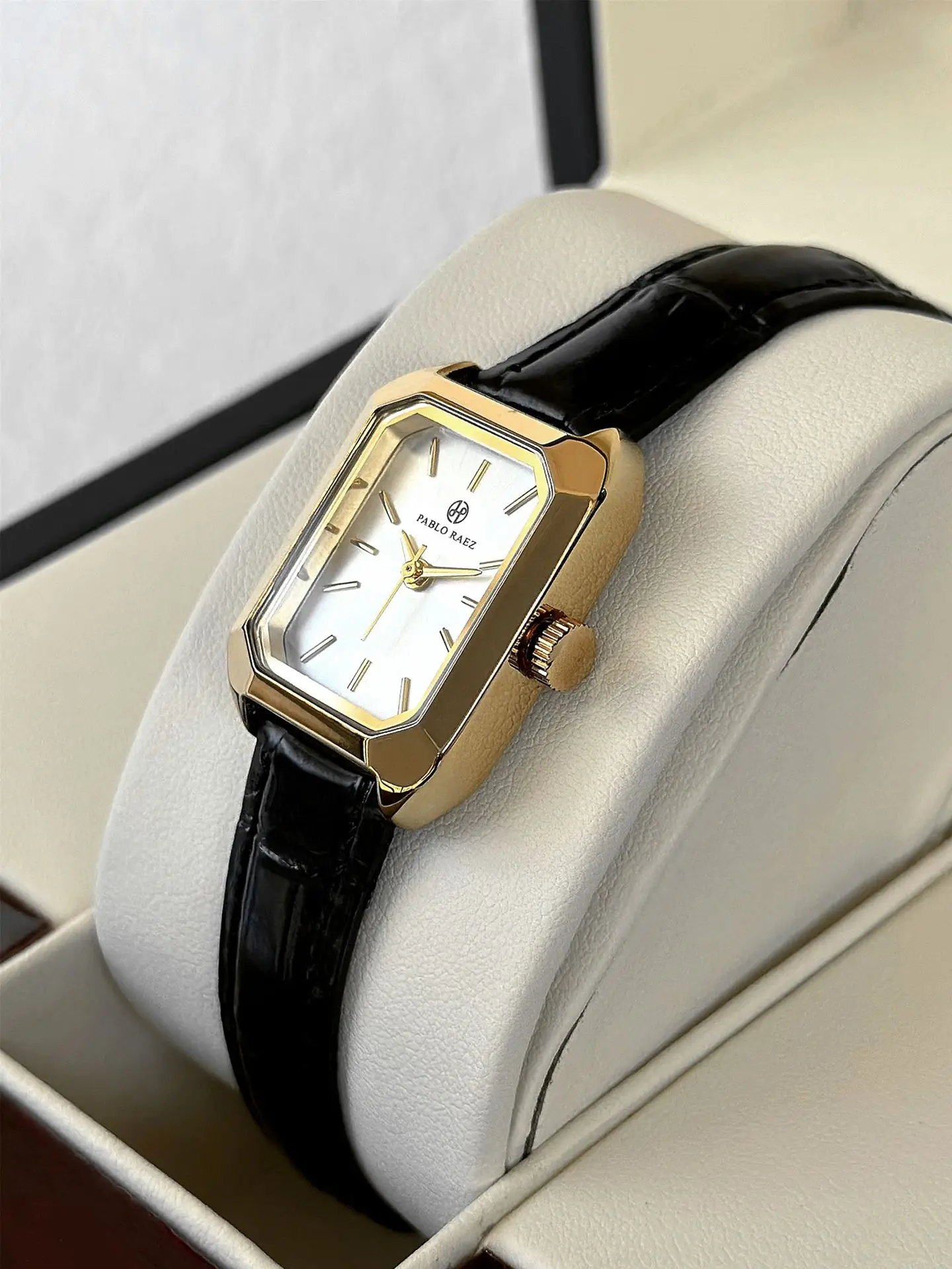 Women's Square Gold Watch Black Leather Belt — feature 8