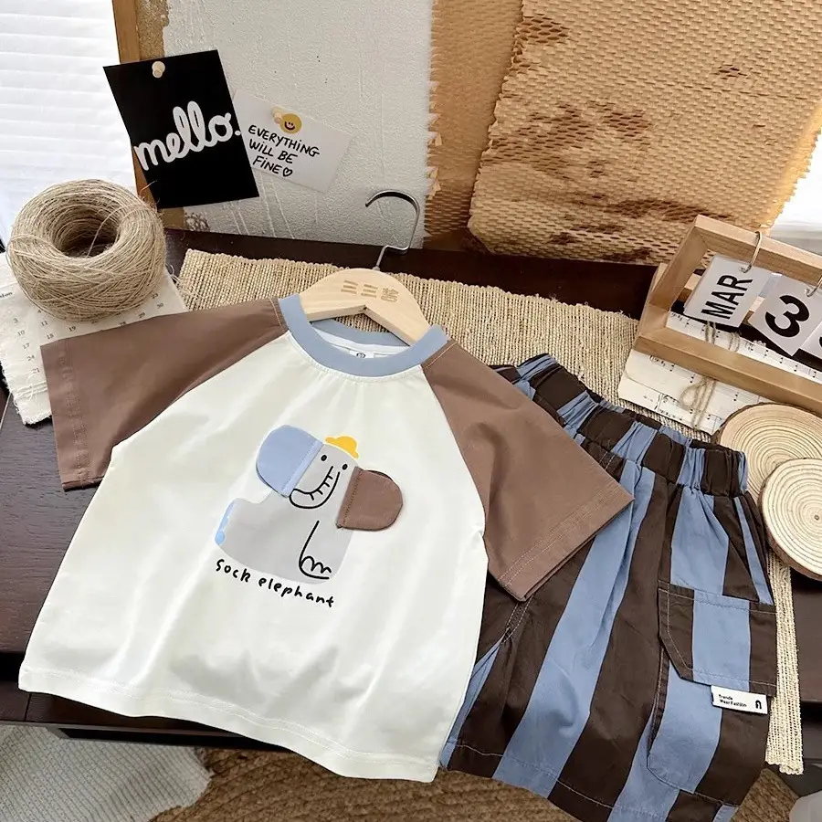 Kids Cartoon Raglan Sleeve T-Shirt with Striped Shorts Set