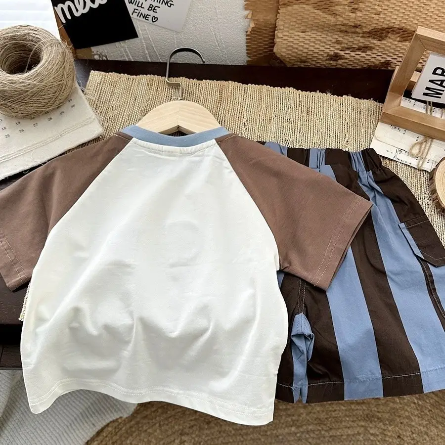 Kids Cartoon Raglan Sleeve T-Shirt with Striped Shorts Set